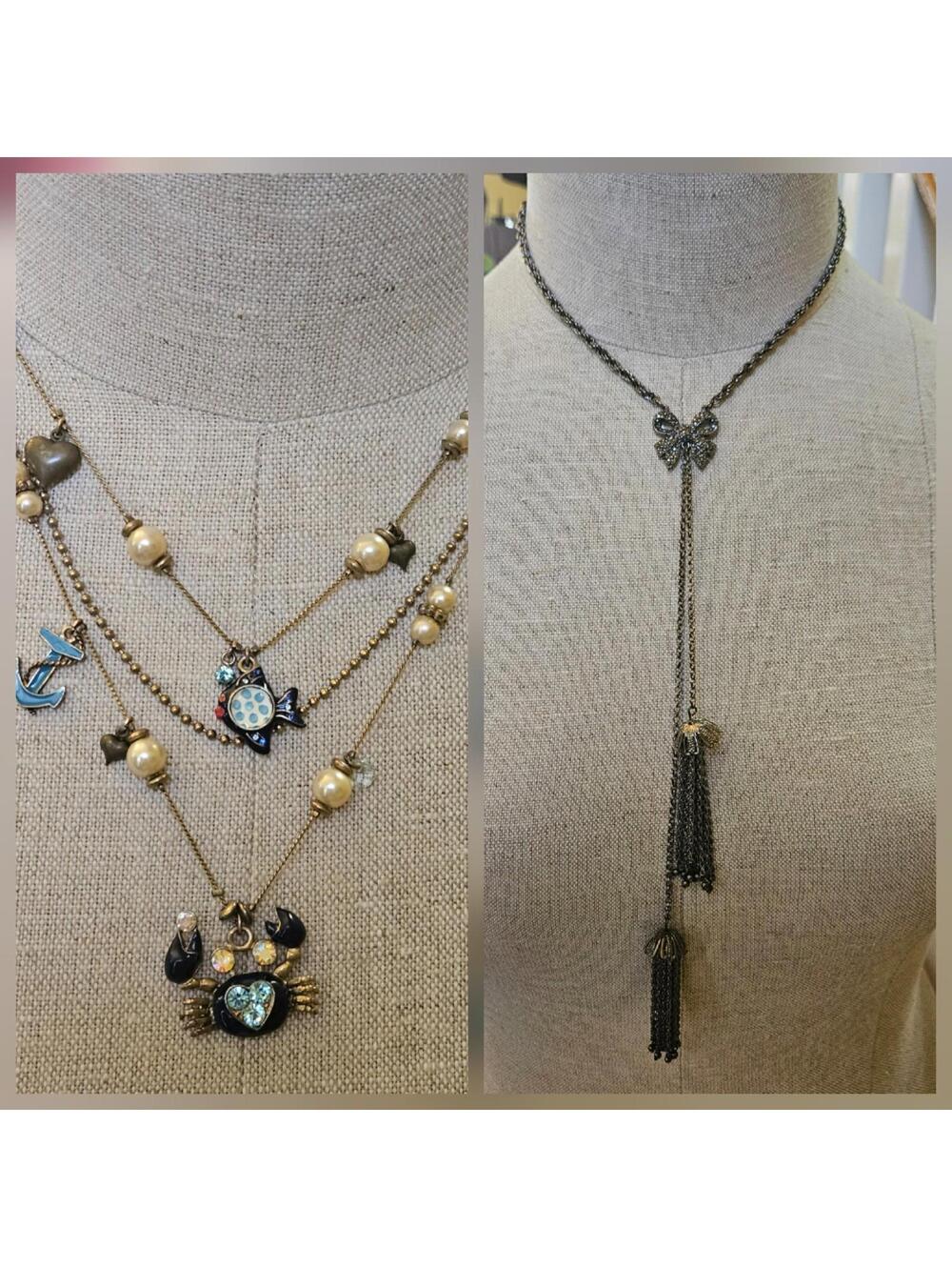 Lot Of 2 Betsey Johnson Necklaces Boho Beach Crab Fish Anchors Tassles Vintage